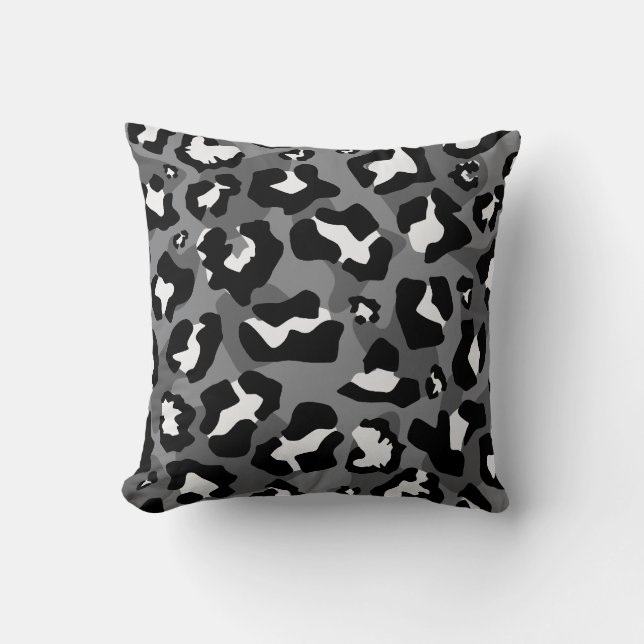 Schwarz, Weiß, Graue Leopardenmuster Kissen (Vorderseite)