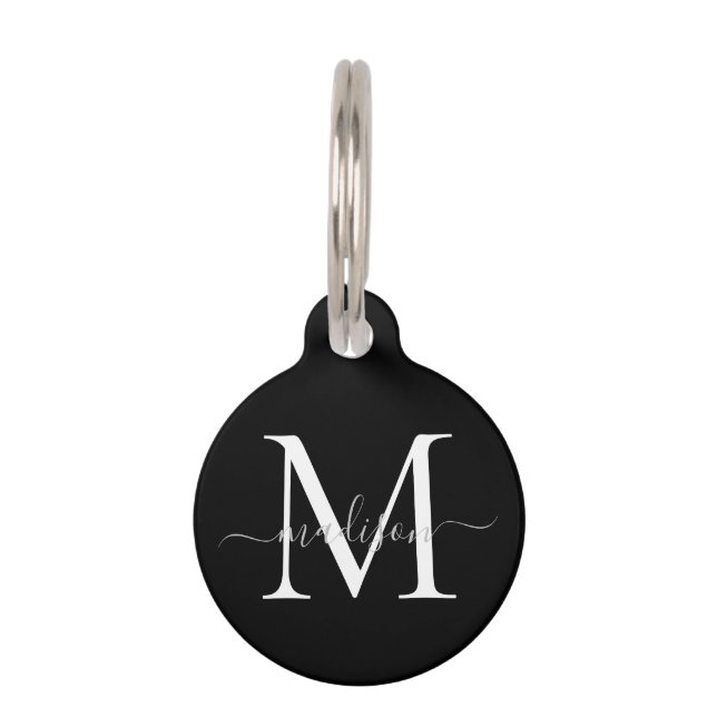 Schwarz-weiß-graue Monogram-Femininskriptbezeichnu Haustiermarke (Vorderseite)