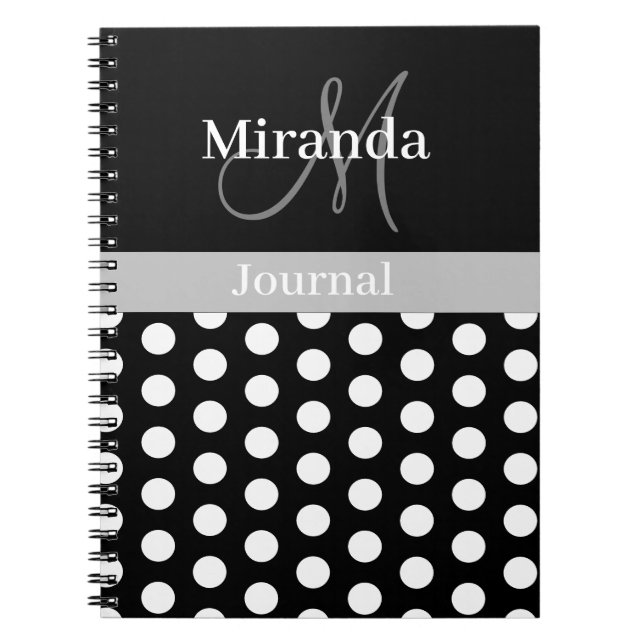 Schwarz-weiß-graue Monogram-Script-Polka-Dot Notizblock (Vorderseite)