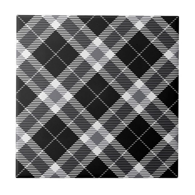 Schwarz-weiß & Gray Tartan Kariert Fliese (Vorderseite)