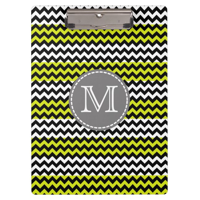 Schwarz-weiß Green Zickzack Zigzag Monogram Klemmbrett (Vorderseite)