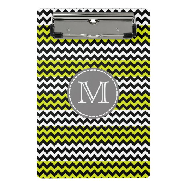 Schwarz-weiß Green Zickzack Zigzag Monogram Mini Klemmbrett (Vorderseite)