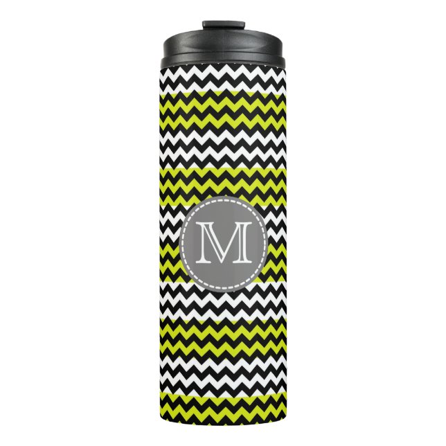 Schwarz-weiß Green Zickzack Zigzag Monogram Thermosbecher (Vorderseite)