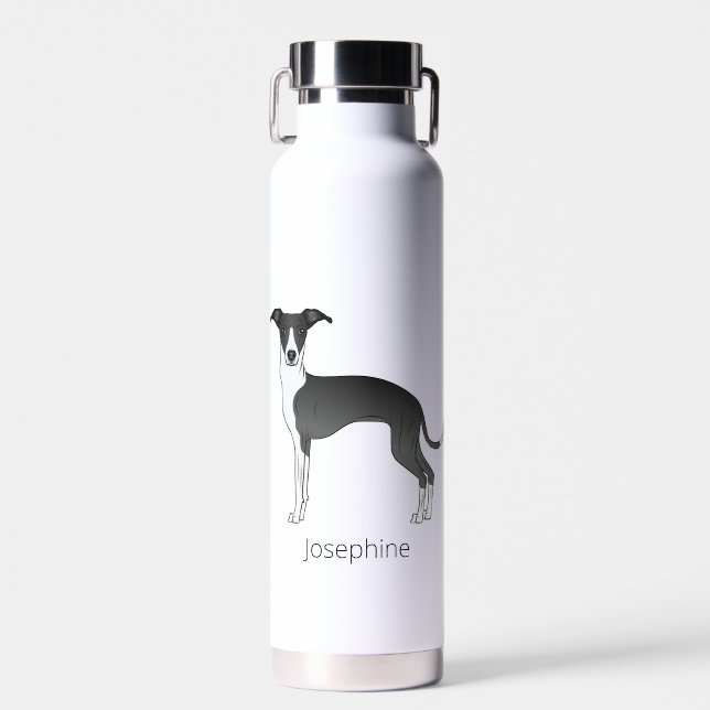 Schwarz-Weiß-Greyhound mit Individuelle Name Trinkflasche (Vorne)