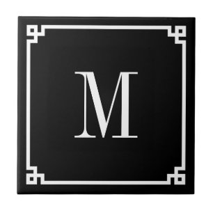 Schwarz-weiß griechische Schlüsselrand-Monogrammie Fliese