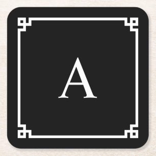 Schwarz-Weiß-Griechischer-Schlüssel-Monogramm Rechteckiger Pappuntersetzer