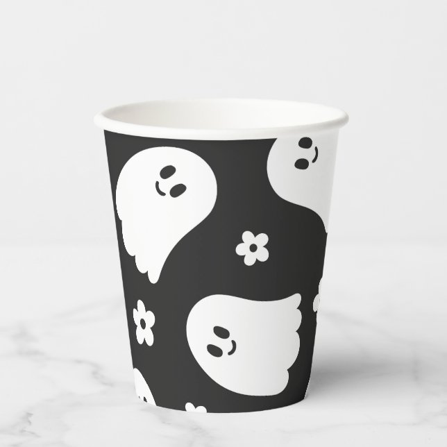 Schwarz-Weiß-Groovy-Geist und Blume Papiertasse Pappbecher (Vorderseite)