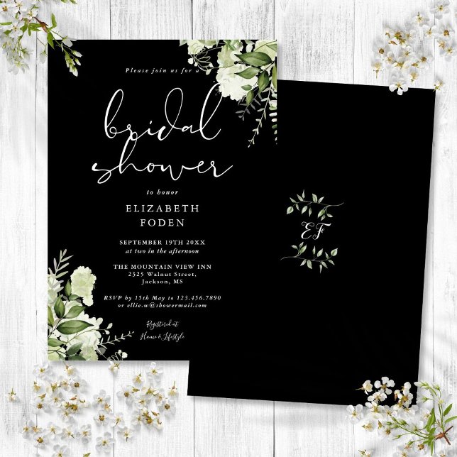 Schwarz-Weiß-Grün-Brautparty Einladung (Black And White Greenery Floral Bridal Shower Invitation)