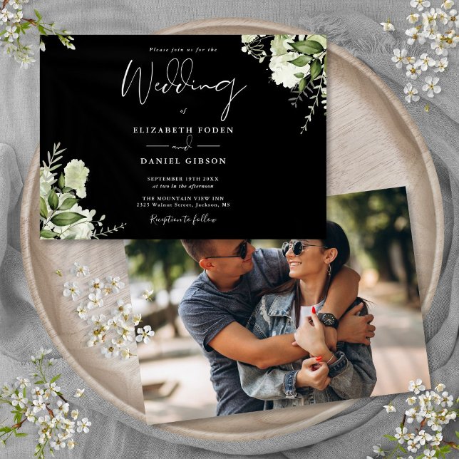 Schwarz-Weiß-Grün-Foto Hochzeit Einladung (Black And White Greenery Floral Photo Wedding Invitation)