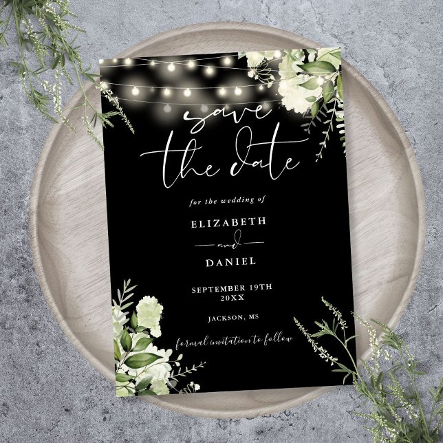 Schwarz-Weiß-Grün-Lichter Hochzeit Save The Date (Black And White Greenery String Lights Wedding Save The Date)