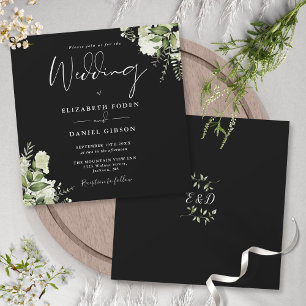 Schwarz-Weiß-Grün-Monogramm Quadratische Hochzeit Einladung
