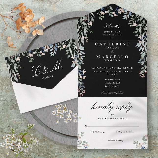 Schwarz-Weiß-Grüne Hochzeit All In One Einladung (Black And White Floral Greenery Wedding All In One Invitation)