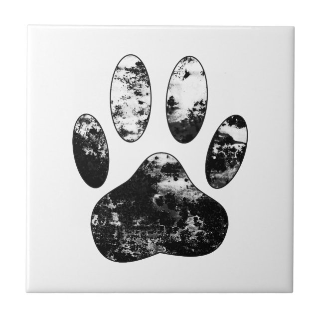 Schwarz-Weiß-Grunge Dog Paw Print Fliese (Vorderseite)