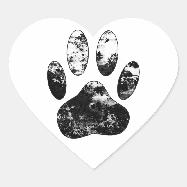 Schwarz-Weiß-Grunge Dog Paw Print Herz-Aufkleber (Vorderseite)