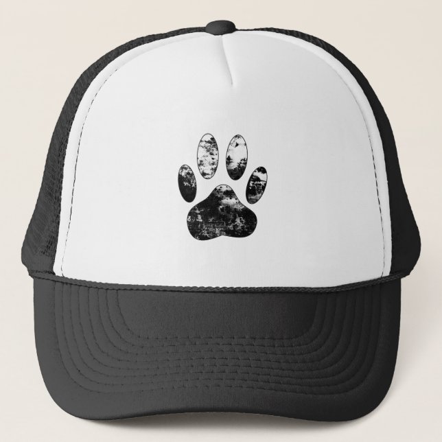 Schwarz-Weiß-Grunge Dog Paw Print Truckerkappe (Vorderseite)