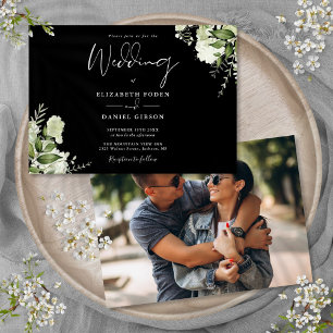 Schwarz-Weiß-Grünpflanzen-Blumen-Foto-Hochzeit  Einladung