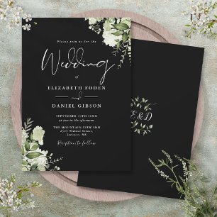 Schwarz-Weiß-Grünpflanzen-Blumen-Monogramm-Hochzei Einladung