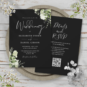 Schwarz-Weiß-Grünpflanzen-Blumen-QR-Code-Hochzeit Einladung