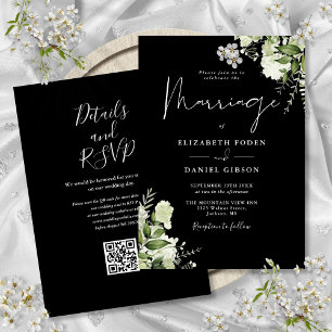 Schwarz-Weiß-Grünpflanzen-Blumen-QR-Code-Hochzeit Einladung