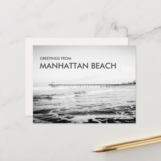 Schwarz-Weiß-Grüße aus Manhattan Beach Postkarte (Vorderseite/Rückseite Beispiel)