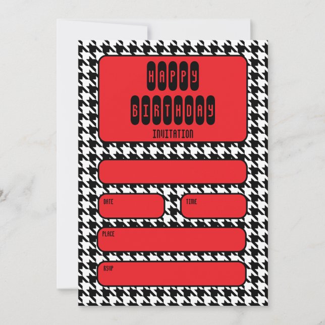 Schwarz-Weiß-Hahnentrittmuster Rot Geburtstag Einladung (Vorderseite)