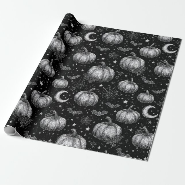 Schwarz-Weiß-Halloween-Kürbis, Bat, Spiderweb Geschenkpapier (Ungerollt)