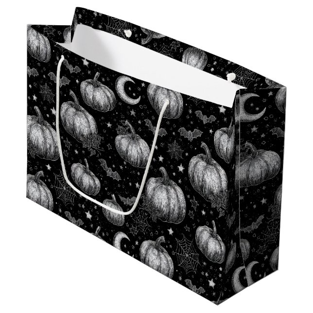 Schwarz-Weiß-Halloween-Kürbis, Bat, Spiderweb Große Geschenktüte (Vorderseite Schrägansicht)
