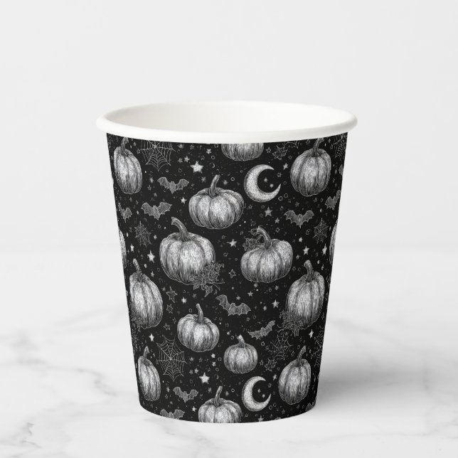 Schwarz-Weiß-Halloween-Kürbis, Bat, Spiderweb Pappbecher (Vorderseite)