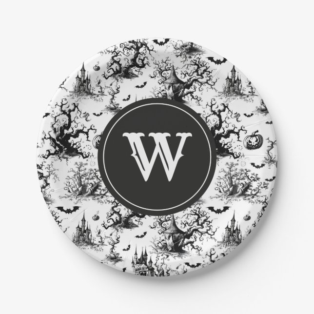 Schwarz-Weiß-Halloween-Monogramm Pappteller (Vorderseite)