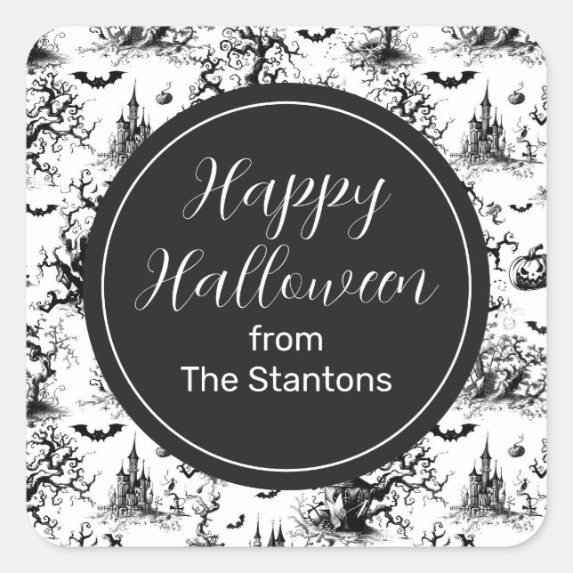 Schwarz-Weiß-Halloween-Monogramm Quadratischer Aufkleber (Vorderseite)