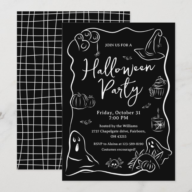 Schwarz-Weiß-Halloween-Party Einladung (Vorne/Hinten)