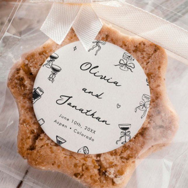 Schwarz-Weiß-Hand-Drawn-Quirky-Hochzeit Runder Aufkleber (Von Creator hochgeladen)