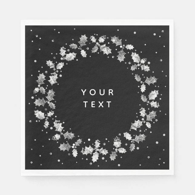 Schwarz + Weiß Hand gedruckte Weihnachtsfeier Serviette (Vorderseite)