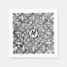 Schwarz-weiß handgezeichnete Kritzelei mit Monogra Serviette