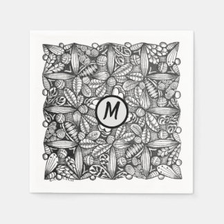 Schwarz-weiß handgezeichnete Kritzelei mit Monogra Serviette