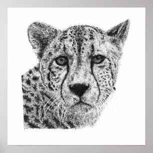 Schwarz-weiß-Handgezeichnetes Gepard-Wildtier-Port Poster