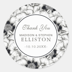 Schwarz-Weiß-Handgezogene Blüte   Vielen Dank Runder Aufkleber