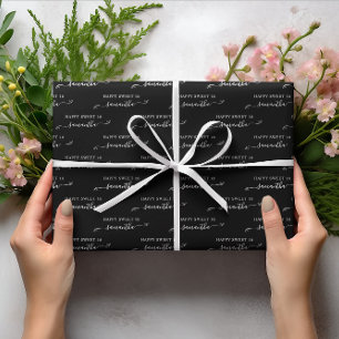 Schwarz-Weiß Happy Sweet 16 Süße Schleife Name Geschenkpapier Set