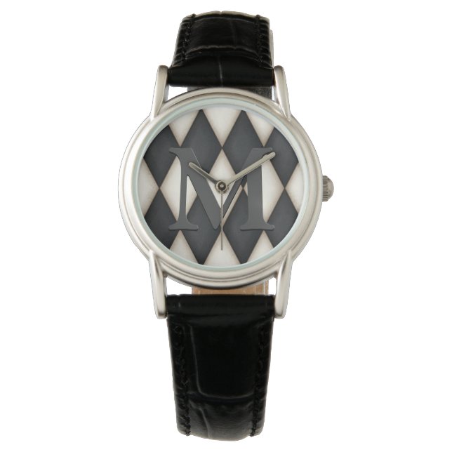 Schwarz-Weiß-Harelquin-Karo Elegantes 3-D Monogram Armbanduhr (Vorderseite)