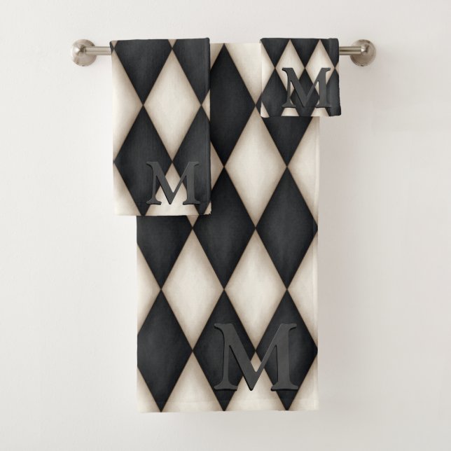 Schwarz-Weiß-Harlequin Dramatisches 3-D-Monogramm Badhandtuch Set (Insitu)