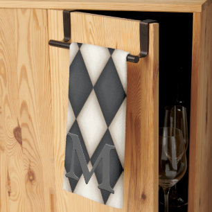 Schwarz-Weiß-Harlequin Dramatisches 3-D-Monogramm Geschirrtuch