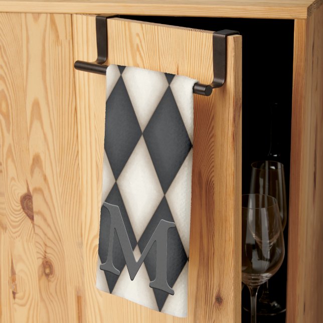 Schwarz-Weiß-Harlequin Dramatisches 3-D-Monogramm Geschirrtuch (Drittel gefaltet)