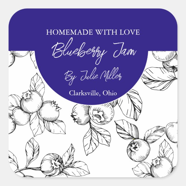 Schwarz-Weiß-hausgemachte Blueberry-Marke Quadratischer Aufkleber (Vorderseite)