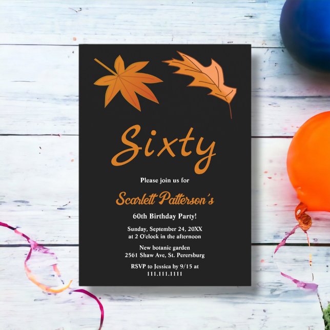Schwarz-Weiß Herbst Blätter Herbst 60. Geburtstag Einladung (Von Creator hochgeladen)