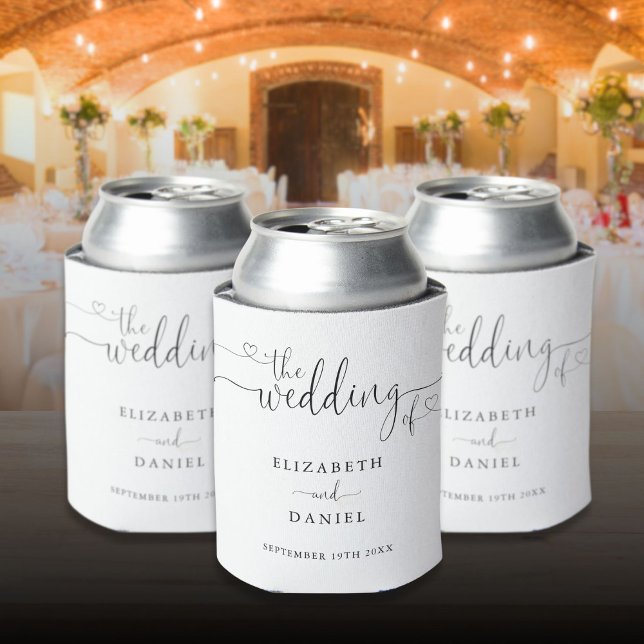 Schwarz-Weiß-Herz-Hochzeit Dosenkühler (Black And White Heart Script Wedding Can Cooler)
