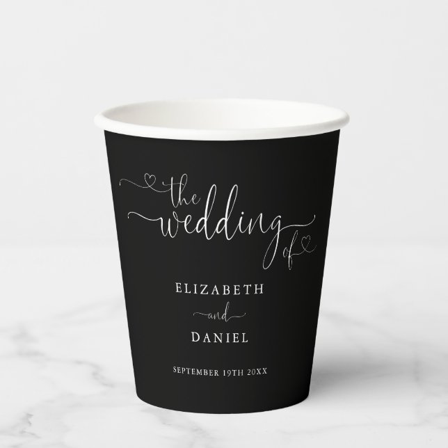Schwarz-Weiß-Herz-Hochzeit Pappbecher (Vorderseite)