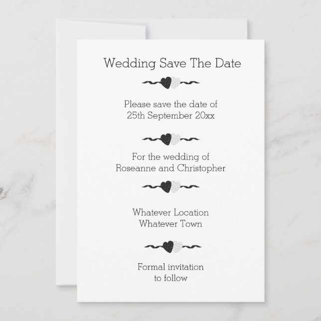 Schwarz-Weiß-Herz-Hochzeit Save The Date (Vorderseite)