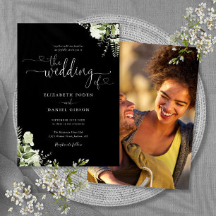 Schwarz-Weiß-Herz-Script-Foliage-Foto-Hochzeit Einladung
