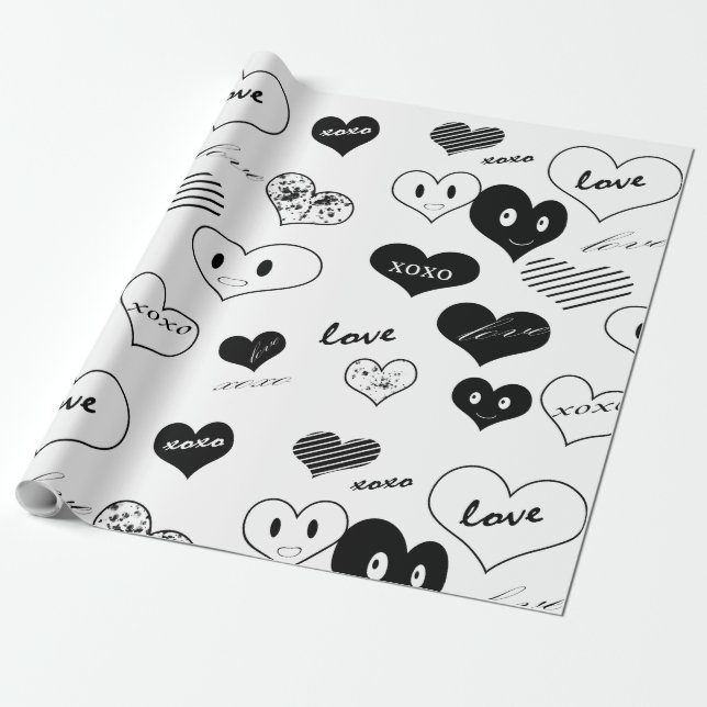 Schwarz-Weiß-Herzen Gesichter Liebe Xoxo Geschenkpapier (Ungerollt)