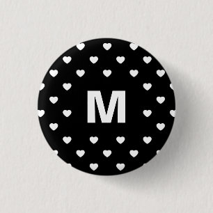 Schwarz-Weiß-Herzen-Punktmuster-Monogramm Button
